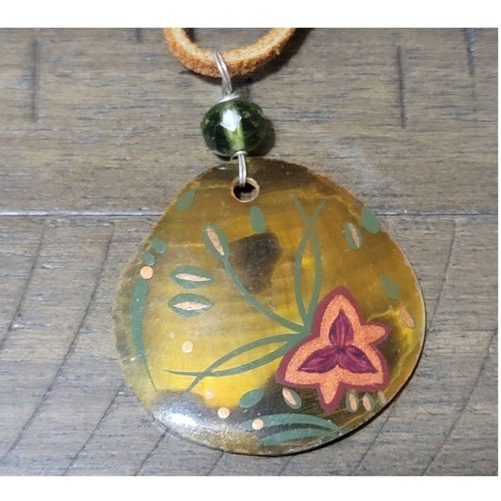 Shell Pendant Necklace Leather Cord Floral Brown Boho Coastal Cottage